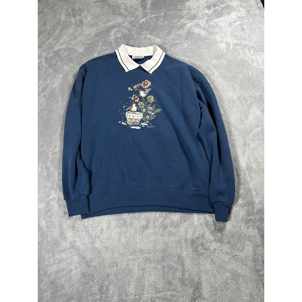 Vintage Morning Sun Grandma Crewneck Sweater Blue L 90s Outdoor Nature Bird